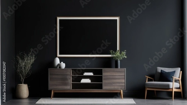 Fototapeta A modern living space featuring minimalist furniture and decor against a dark wall.