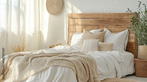 Obraz Relaxing bedroom with a natural wooden headboard, organic cotton sheets, and soft, natural light