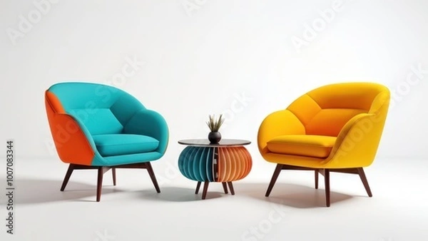 Fototapeta A modern seating arrangement featuring colorful chairs and a stylish table.