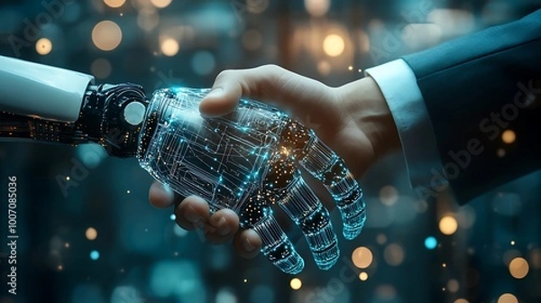 Fototapeta  Robot hand shaking with a human: a symbol of future business cooperation. Combining artificial intelligence and human touch for technological evolution. 
