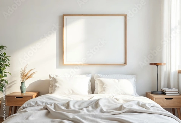 Fototapeta Minimalist bedroom interior with blank picture frame mockup on white wall background bedding pillows lamp and houseplant on wooden nightstand natural sunlight home design interior decoration