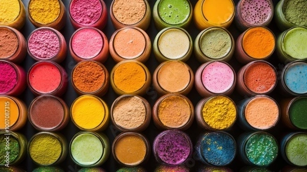 Fototapeta An array of powdered ingredients and colorful smoothie drinks displayed in rows with vibrant hues