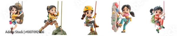 Obraz Asian woman mascot rock climbing, 3D cartoon illustration, isolated on transparent background, cute animated style, beautiful colors, generative ai