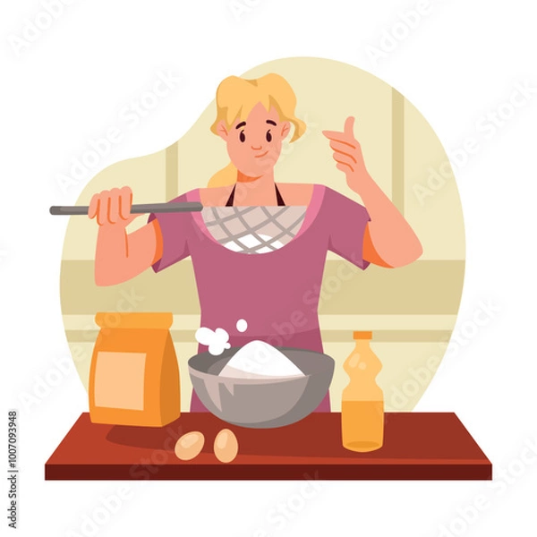 Fototapeta Woman Character Baking Sieve Flour in Bowl Vector Illustration