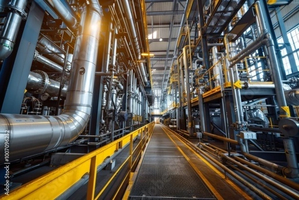 Fototapeta Interior of a modern industrial building with metal structures and yellow markings