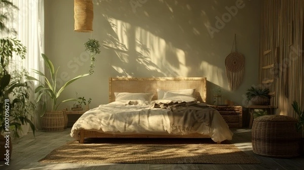 Fototapeta Tranquil bedroom scene with a natural-style bed, earthy decor elements, and soft, diffused light