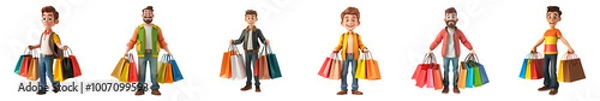 Fototapeta White man mascot with shopping bags, 3D cartoon illustration, isolated on transparent background, cute animated style, beautiful colors, generative ai