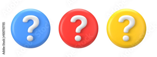 Obraz 3d bubbles with question. Ask icon marks for faq section. Set of isolated signs for support, advice or survey.