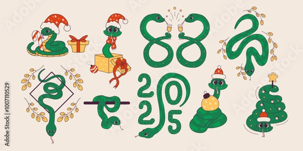 Fototapeta Set of cute cartoon snakes. Chinese Lunar New Year, symbol of 2025. Wriggling snake in Santa Claus hat. Vector baby illustration.