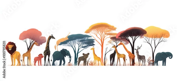 Fototapeta Vector illustration of various animals standing in front of trees