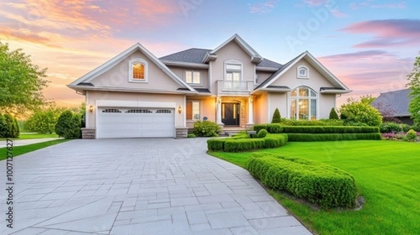 Fototapeta A two-story suburban home with a large driveway, garage, and neatly trimmed bushes lining the pathway to the front door.