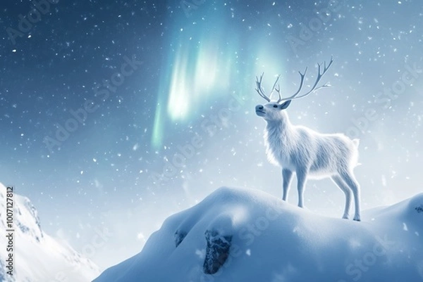 Obraz A 3D illustration of a white reindeer standing majestically on a snow-covered hill under the northern lights, with snowflakes gently falling in the serene winter landscape