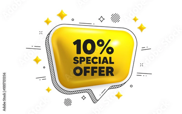 Fototapeta 10 percent discount offer tag. Chat speech bubble 3d icon. Sale price promo sign. Special offer symbol. Discount chat message. Speech bubble banner with stripes. Yellow text balloon. Vector