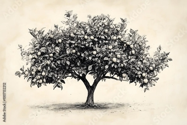 Fototapeta A black and white drawing of a large apple tree