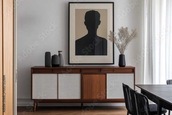 Fototapeta Modern Sideboard with Wooden Panels and Dining Set