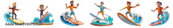Fototapeta White man mascot surfing, 3D cartoon illustration, isolated on transparent background, cute animated style, beautiful colors generative ai.