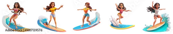 Fototapeta White woman mascot surfing, 3D cartoon illustration, isolated on transparent background, cute animated style, beautiful colors generative ai.