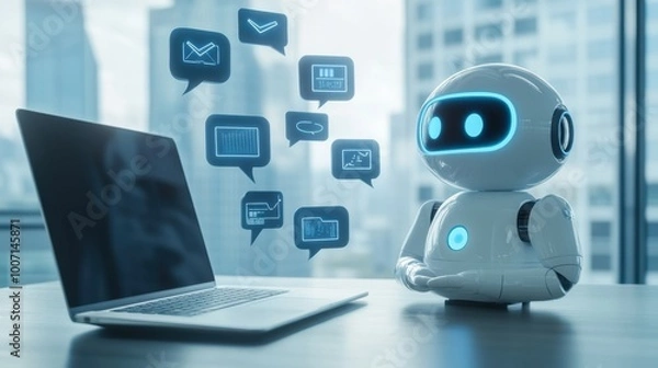 Fototapeta Small AI assistant chatbot stands next to a laptop and waits for prompts to help with work