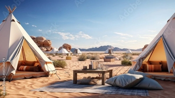 Obraz A serene desert campsite with tents, a table, and cushions, inviting relaxation and leisure.