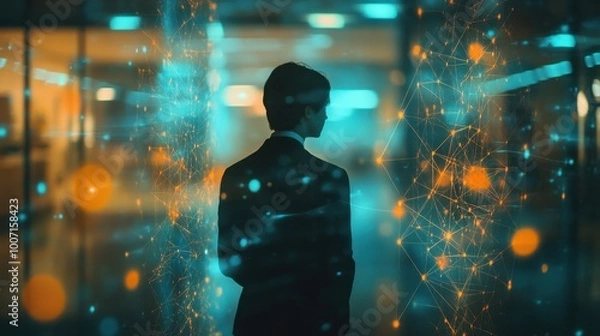 Fototapeta Corporate businessman in blockchain virtual reality navigates through holographic data cloud and global network connections