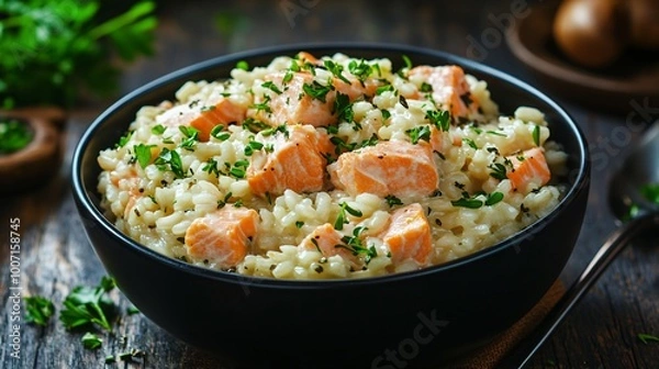 Fototapeta A warm salmon risotto served in a black bowl, garnished with fresh herbs, and styled against a dark rustic wood background