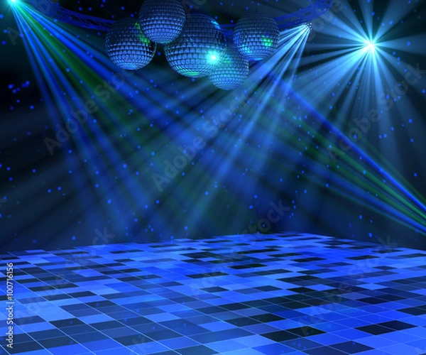 Obraz Blue disco dance floor with mirror balls, lattice framework and spot lights. 3d render.