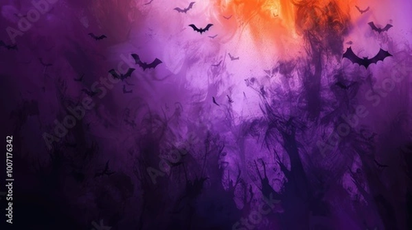 Fototapeta Vibrant Abstract Halloween Background with Glowing Purple and Orange Fog and Dark Silhouette Bats