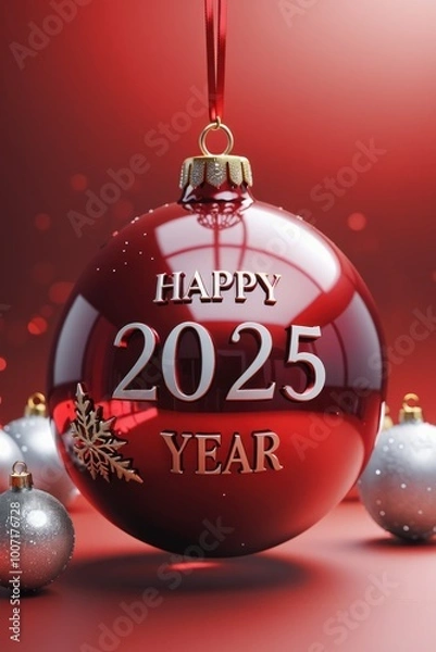 Fototapeta A festive red Christmas ball with "Happy Year 2025" in gold, glowing with twinkling holiday lights in the background.