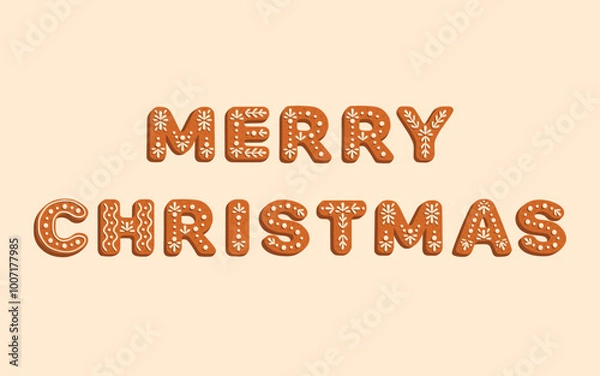 Fototapeta Illustration of the text 'Merry Christmas' designed to look like gingerbread cookies with icing on a beige background. Perfect for holiday cards, posters, packaging, and Christmas designs.