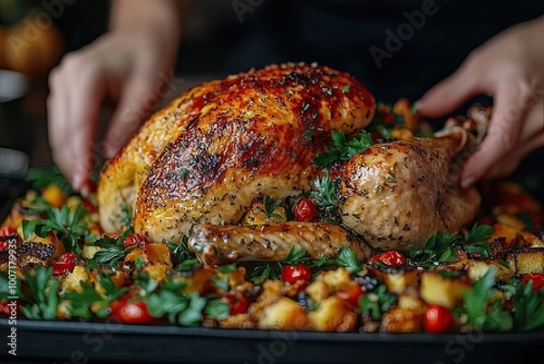 Fototapeta Roast chicken with vegetables. Roast chicken with vegetables in the oven. Thanksgiving