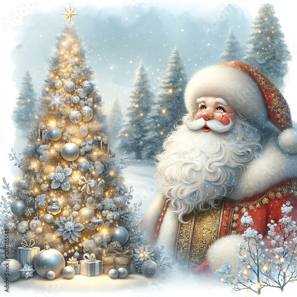 Obraz Magical Christmas blue gold winter composition with Santa Claus in snowy forest. New Year square postcard