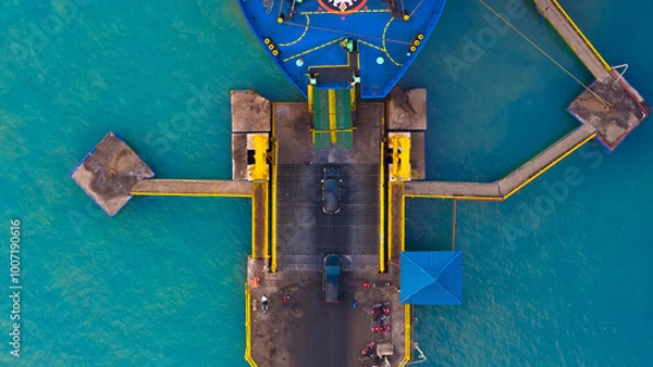 Obraz Aerial view showcasing the vibrant contrast between industrial pier infrastructure and the serene blue waters