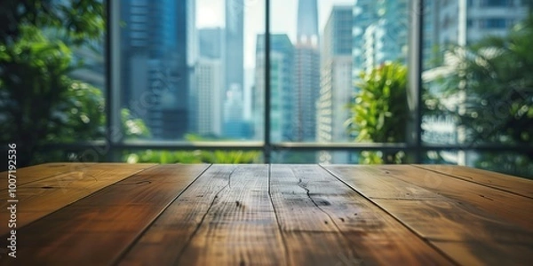 Obraz Wooden table in a modern office with blurred cityscape and greenery, ideal for product mockups and presentations