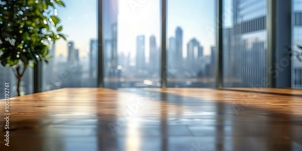Obraz Sunlit wooden table in a modern office with blurred city skyline, ideal for product mockups and branding