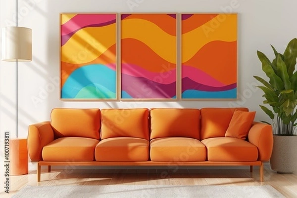 Fototapeta A warm and inviting living room featuring a comfortable couch and two decorative paintings on the wall