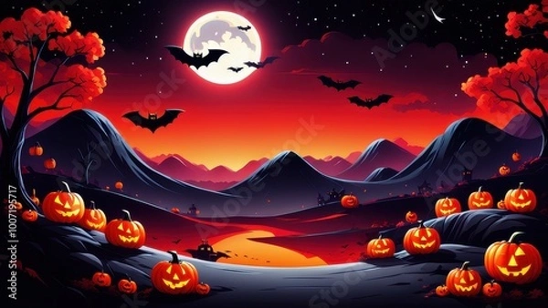 Fototapeta A spooky Halloween landscape with pumpkins, bats, and a full moon over mountains.