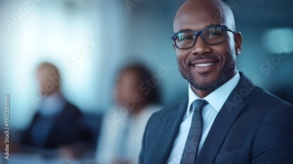 Fototapeta Smiling businessman in a suit with glasses, blurred colleagues in the background, professional office setting.