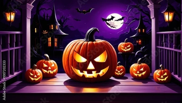 Obraz A spooky Halloween scene featuring carved pumpkins and a moonlit backdrop.