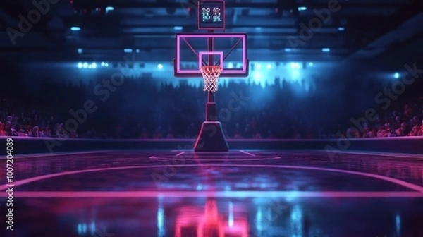 Fototapeta A basketball hoop with a neon pink rim and white net stands in the middle of a basketball court. The court is empty, except for a scoreboard showing a score.  