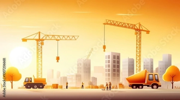 Fototapeta Site of a high-rise building under construction with cranes and a bustling construction team.