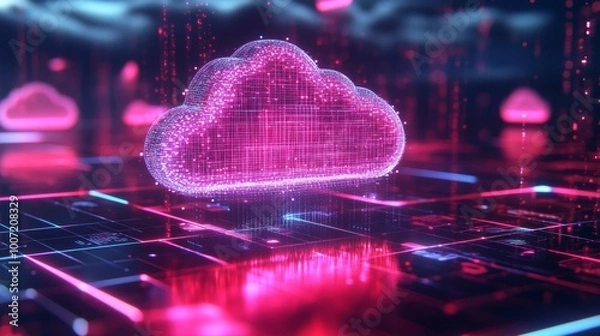 Fototapeta Futuristic Cloud Storage Banner with Neon-Lit Data Cloud and Holographic Icons