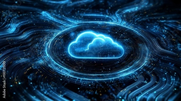 Fototapeta Swirling Data Streams Surrounding Glowing Cloud Icon in Cloud Storage Banner