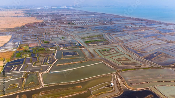 Obraz Aerial view of a sprawling aquaculture farm with an intricate network of ponds along a coastal landscape, showcasing sustainable food production