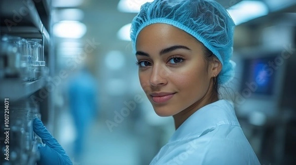 Fototapeta Woman in a Lab Coat Looking at the Camera