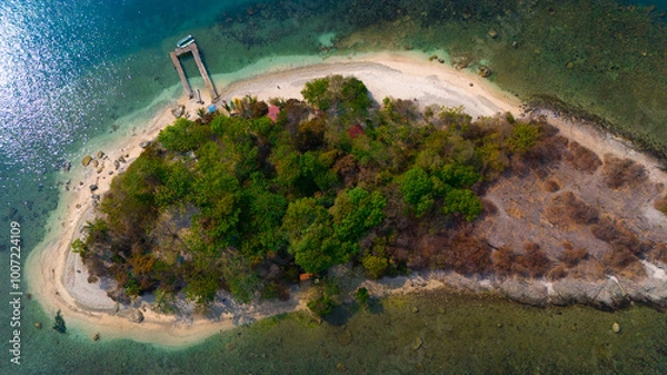 Fototapeta Aerial view of a serene tropical island oasis with lush greenery and a sandy beach hugged by crystal clear waters