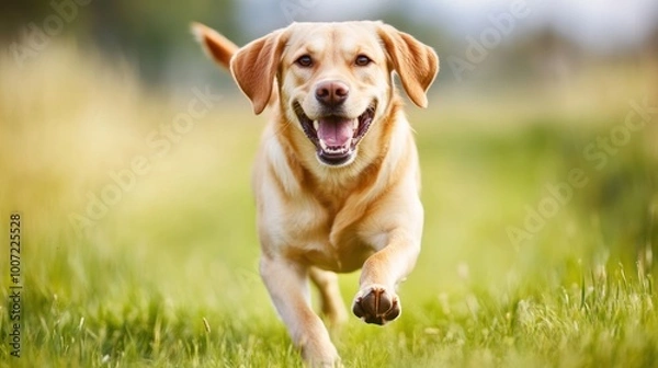 Fototapeta Happy Golden Retriever running through green grass with mouth open.