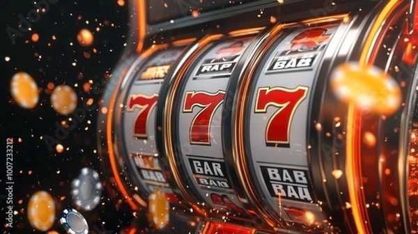 Fototapeta Close-up of a slot machine with three sevens lined up, glowing orange and with poker chips in the background.