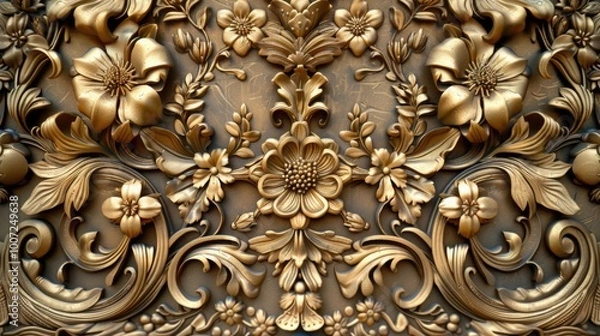 Fototapeta Close-up shot of a metal door adorned with intricate gold decorations, perfect for use in luxury or antique settings