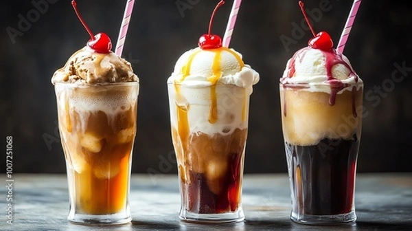 Obraz Two refreshing root beer floats topped with vanilla ice cream and cherries.