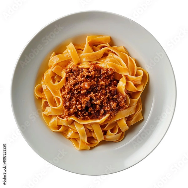 Fototapeta Top down view of tagliatelle al ragu served on a white plate, set against a transparent background